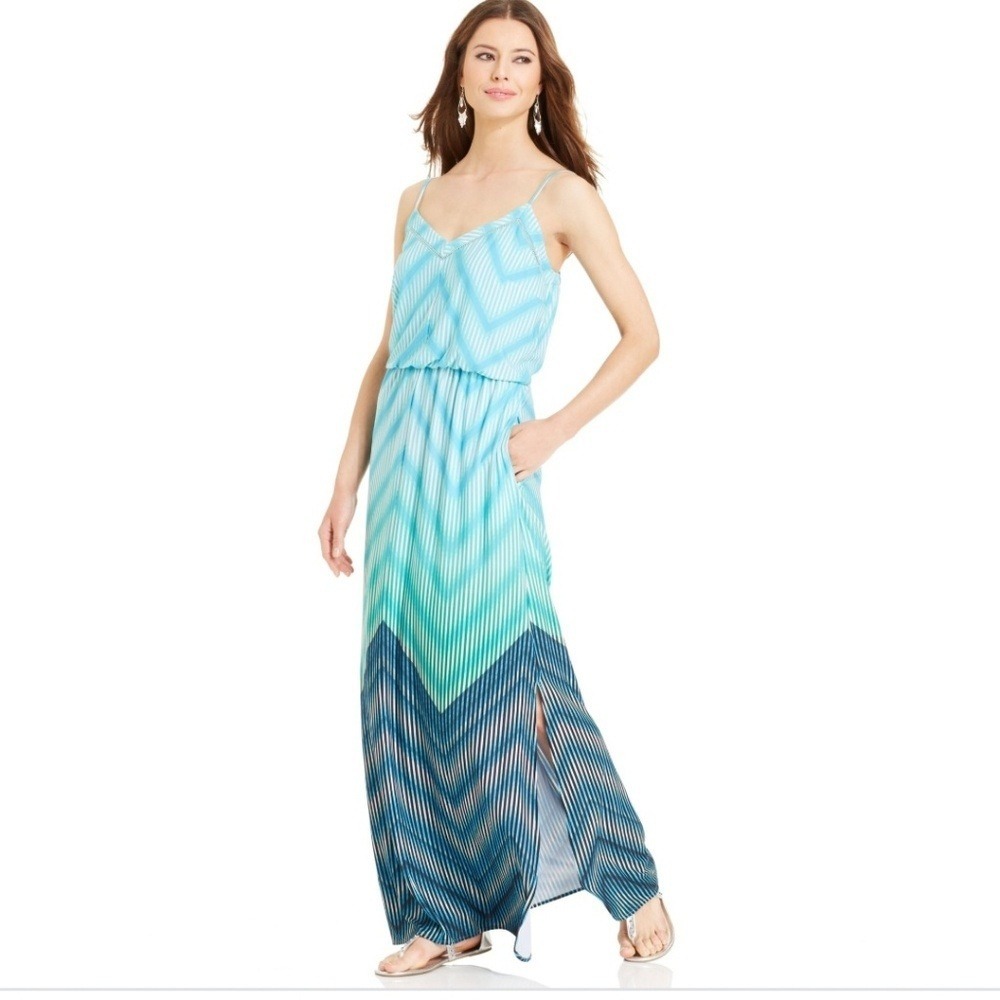 NWT Vince Camuto Chevron Print Maxi Dress Size 10 Sleeveless Blouson Side Slit